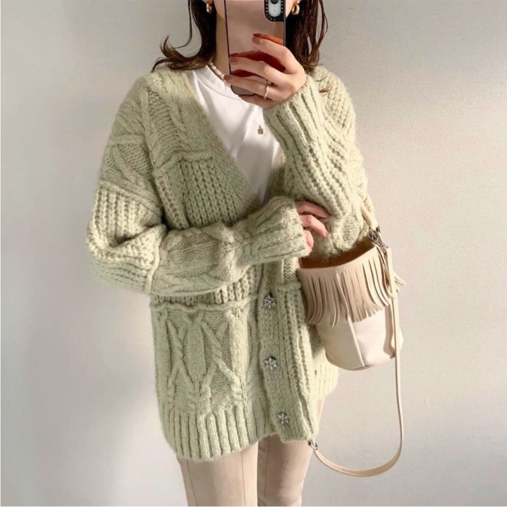 ZARA BLOGGER FAVE Pistachio Mint Green Wool Cableknit Jewel Button Cardigan